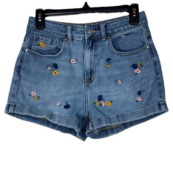 Pacsun SZ 26 Mom Jean Shorts Floral Embroidered Cuffed Hi-Rise Zip-Fly Pockets - Picture 1 of 8
